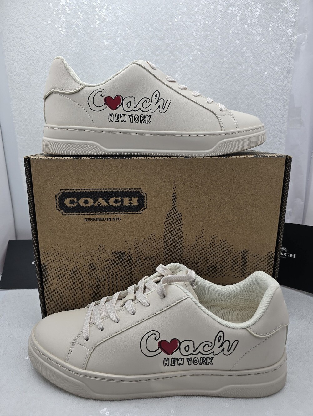 Coach High Line Leather Sneaker w/ Printed Coach Signature & Heart Women's 10
